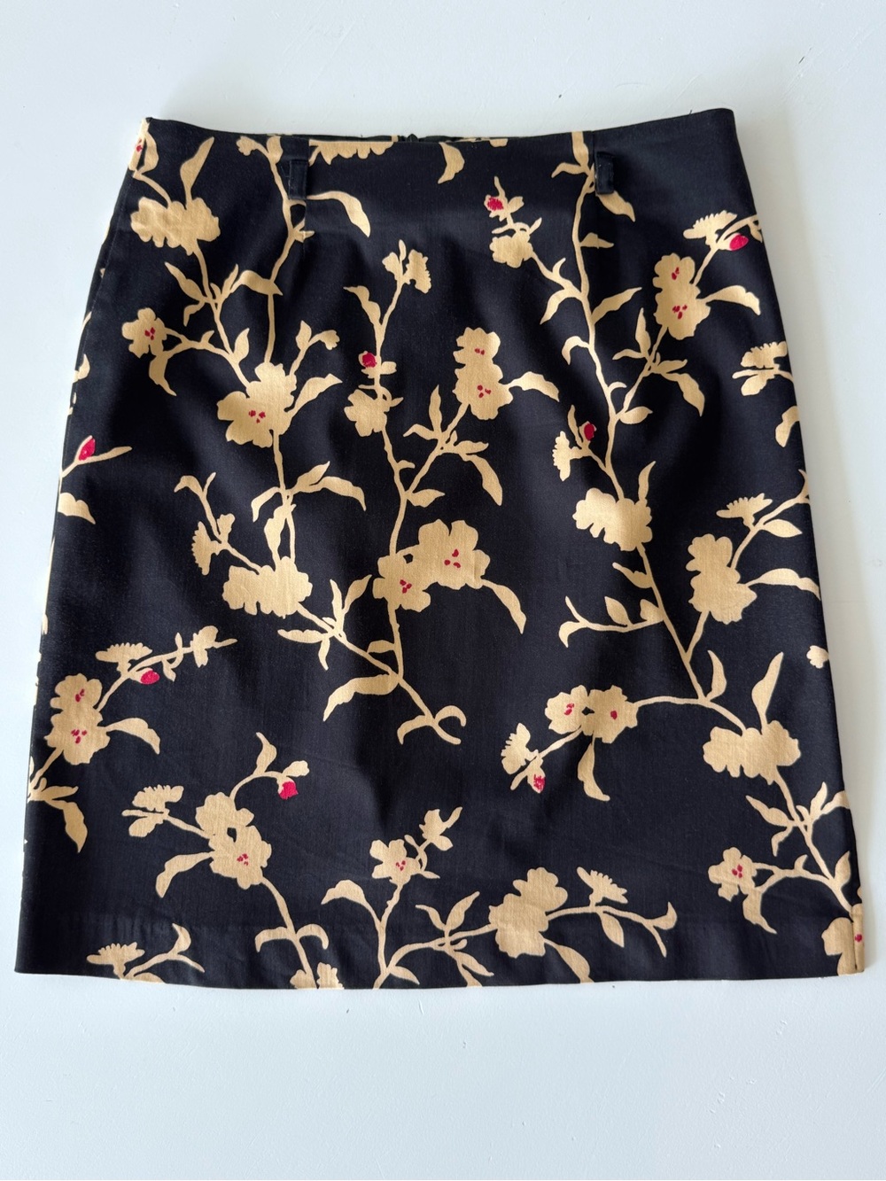 Aura Black Midi Skirt with Beige Floral and Tiny Red Accents